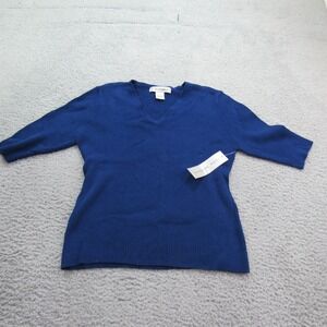 Linda Matthews‎ Womens Top Large Blue V Neck Ribbed Knit 3/4 Sleeve NEW